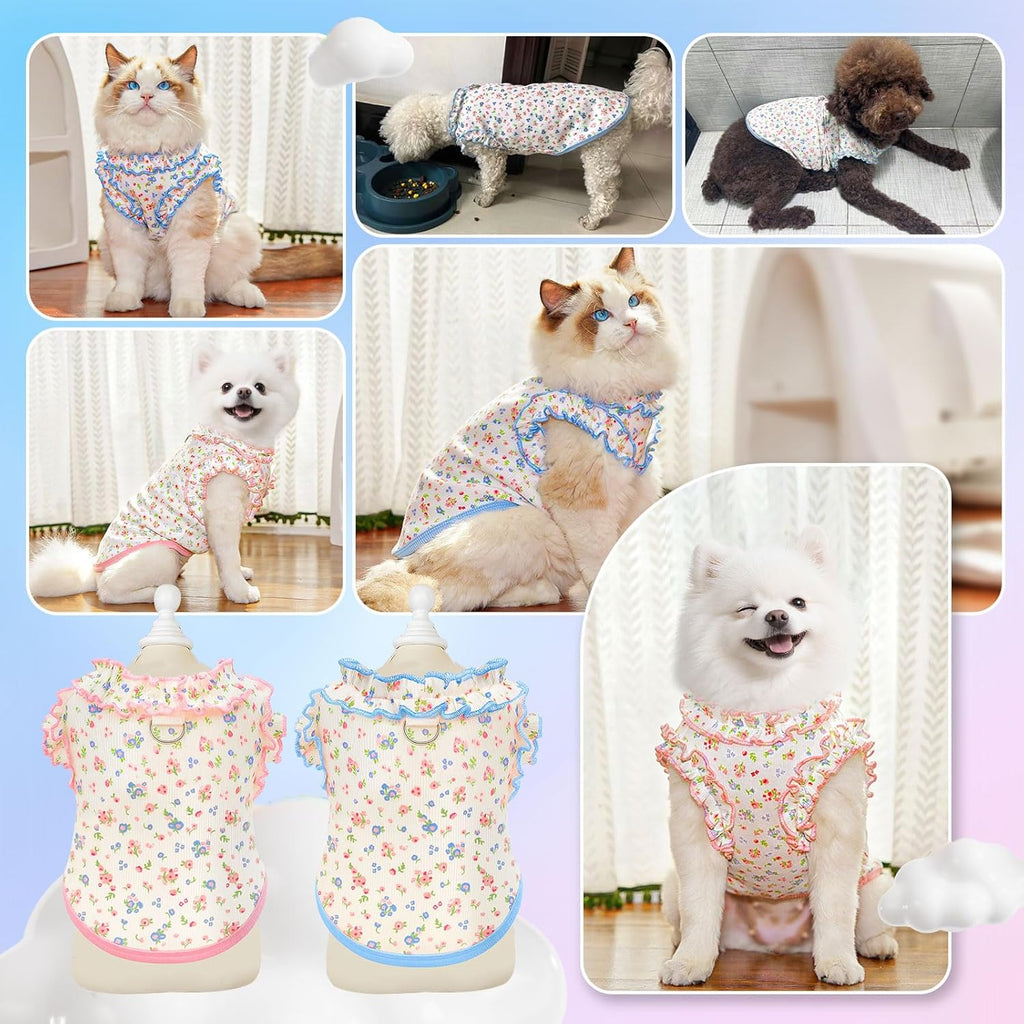 Side view of pet tee showing stretchy fabric and ruffles