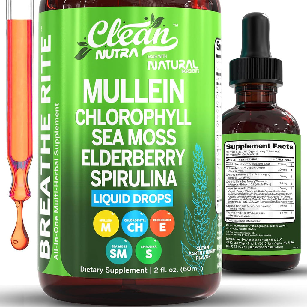 Clean Nutraceuticals Mullein Drops front view showing the liquid lung detox supplement bottle.