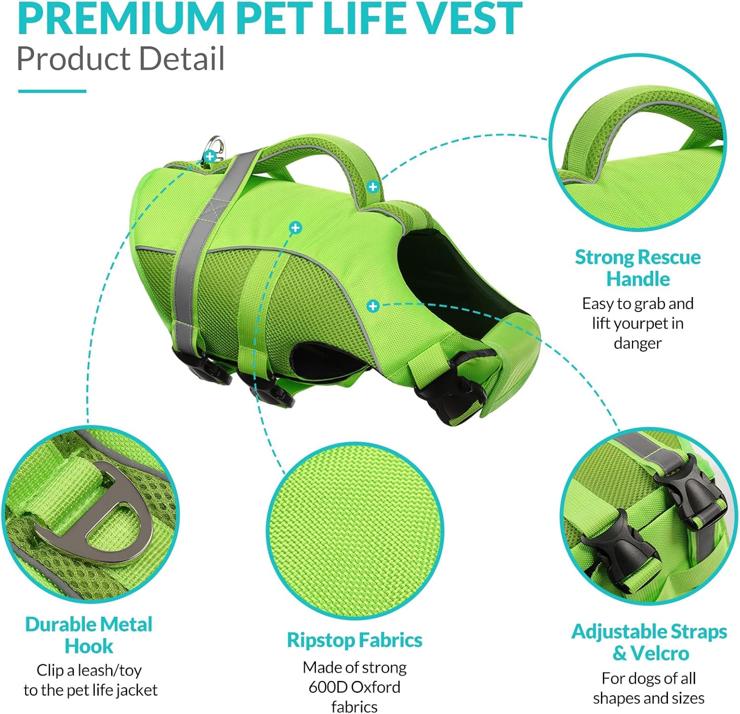 Queenmore pet flotation coat top view with reinforced rescue handle and D-ring