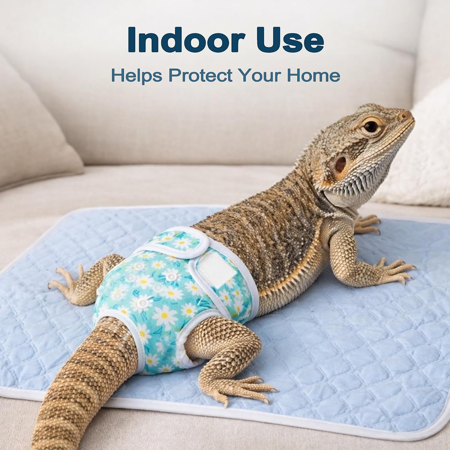 Blue extra small reusable reptile diaper with adjustable straps displayed flat to show sizing details.