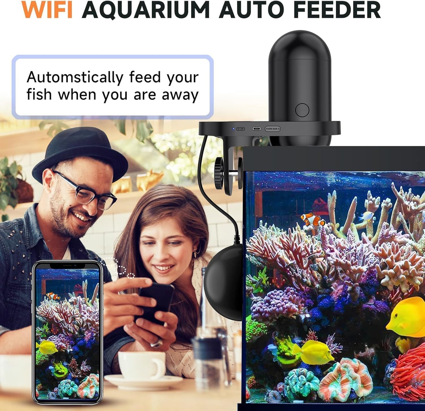Hygger automatic fish food dispenser with integrated high definition camera mounted on glass