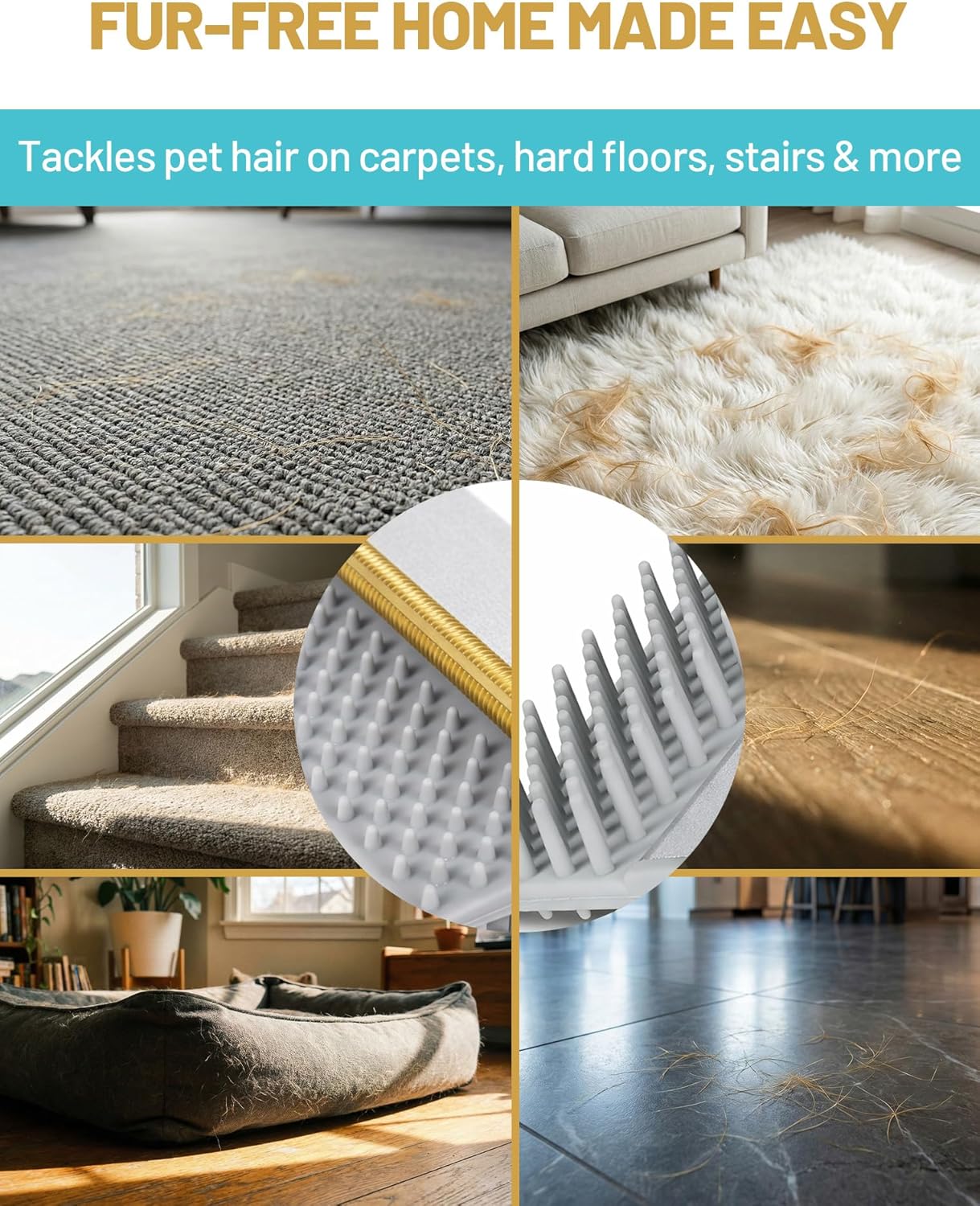 Metal scraper edge of Delomo broom lifting pet hair from mat