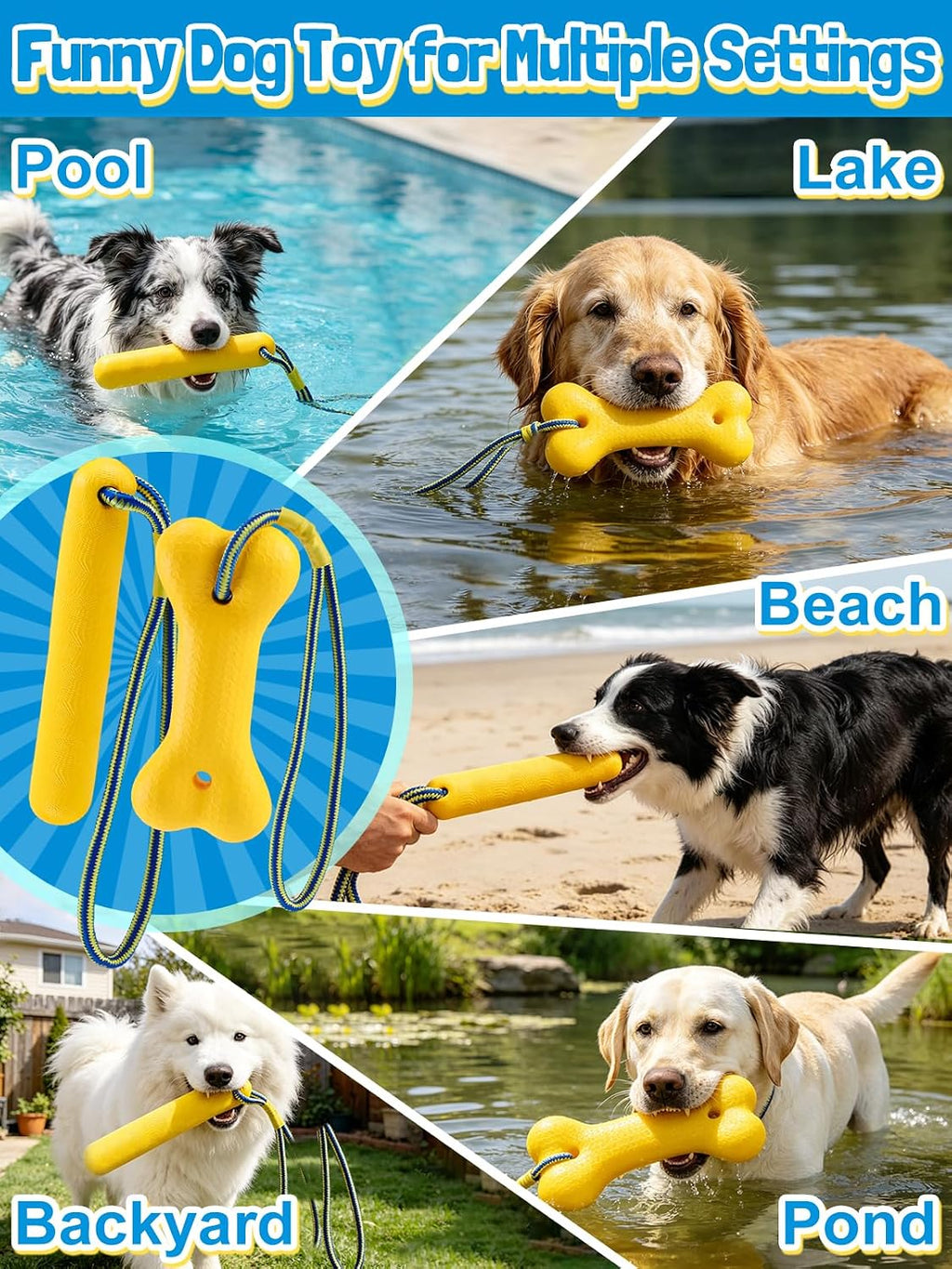 Authentic USA imported MEWTOGO interactive pet water bumpers being tossed for beach play.