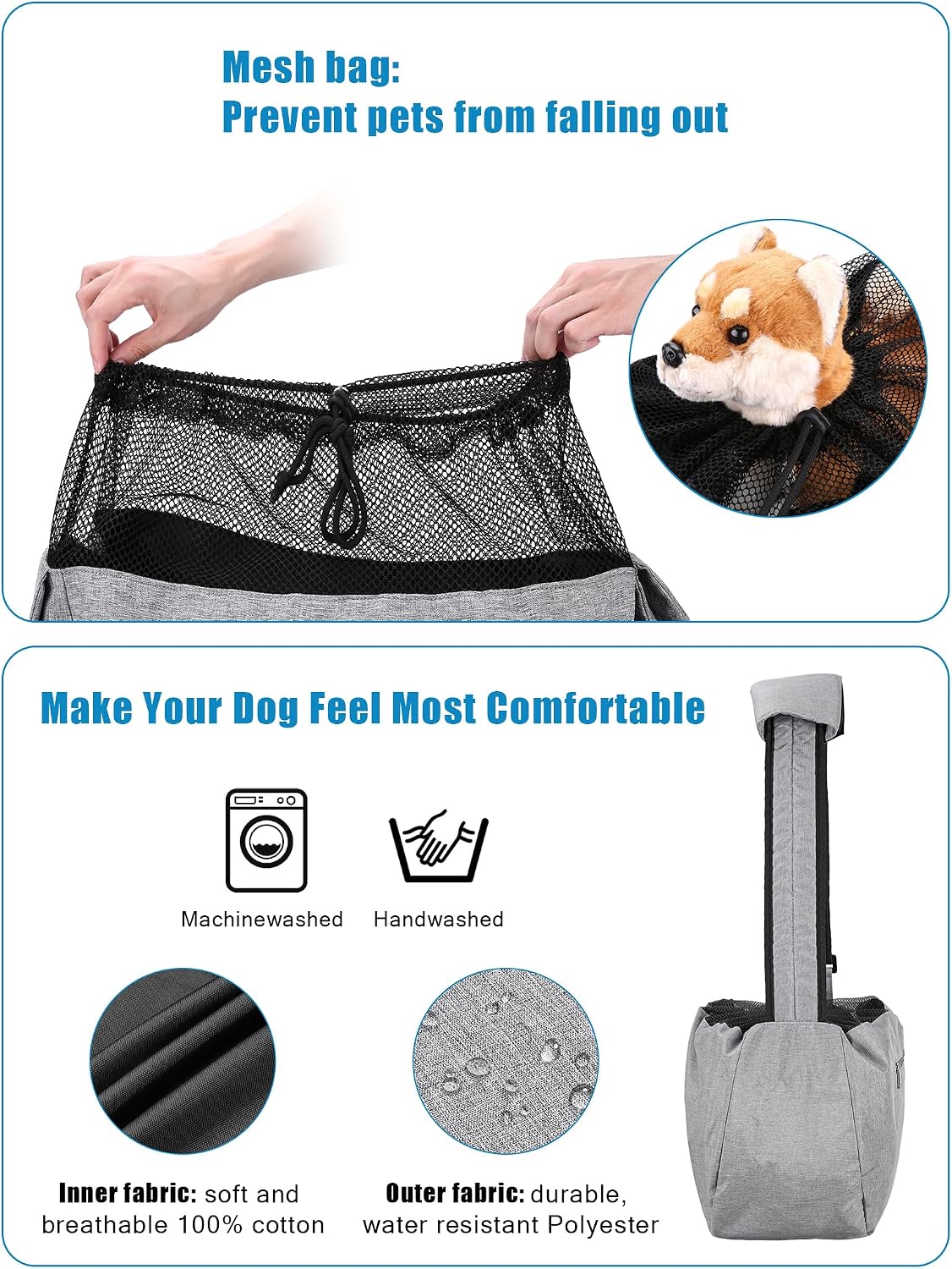 Side view of Ownpets dog sling with storage pocket