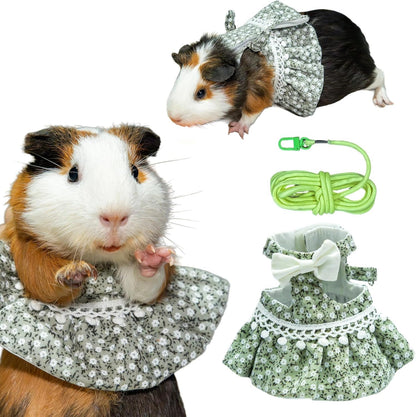 NEOUZA SMOLKITH guinea pig dress front view showing green floral print and white lace trim