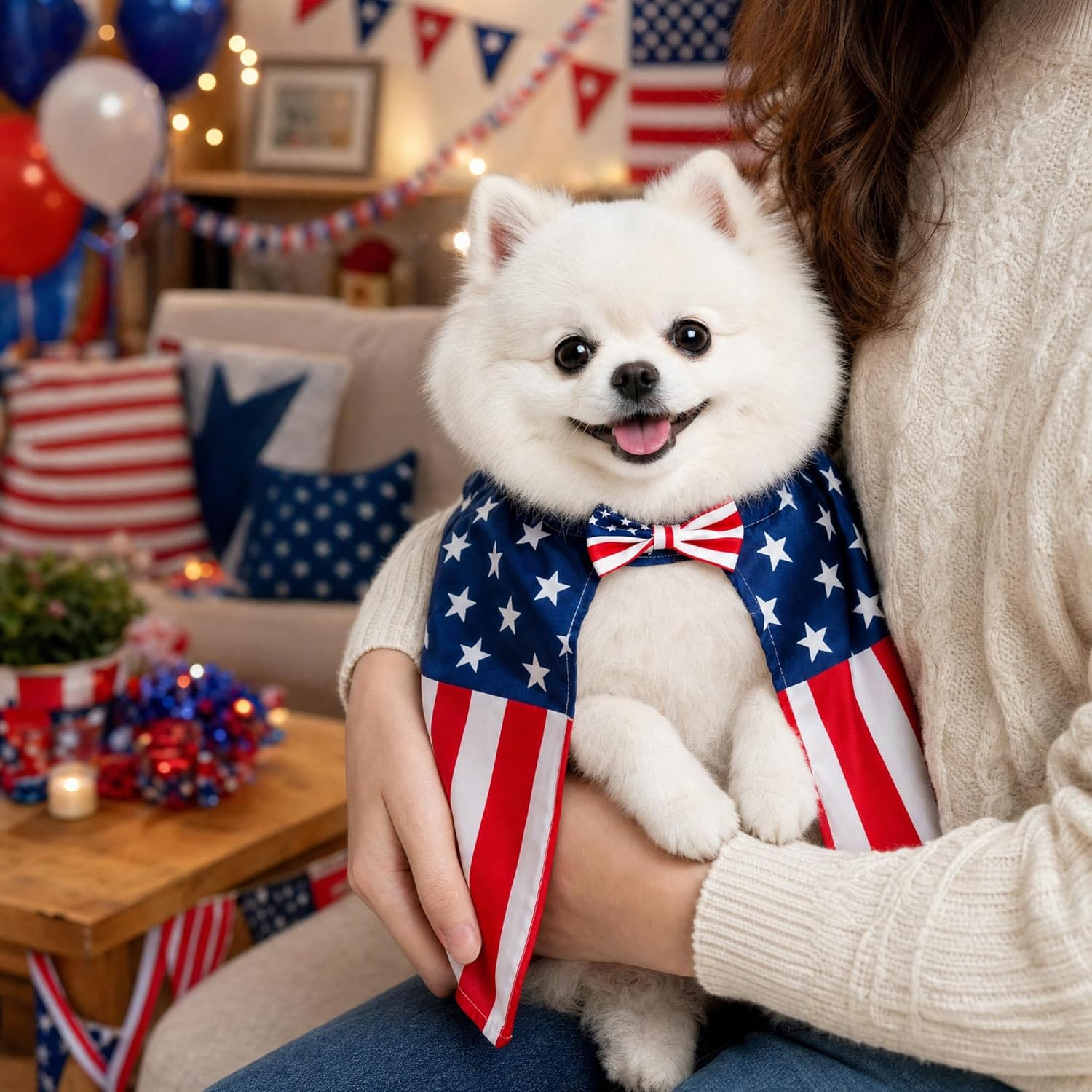 Tailcoat Cos Independence Day pet clothing laid flat to display the full stars and stripes printed pattern.