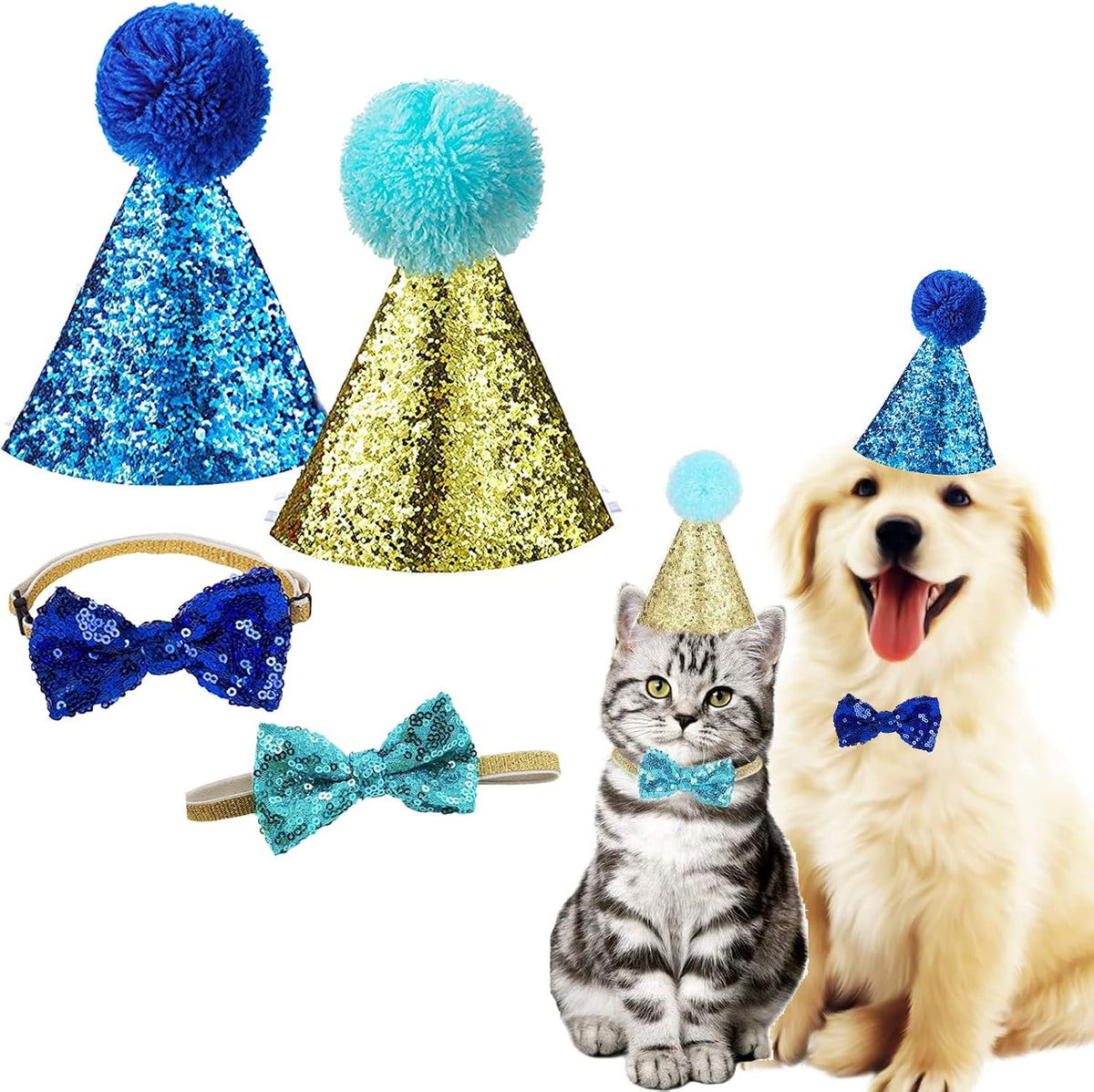 Christmas Pet Party Jazz Hat and Blingbling Bow Tie Breakaway Collar Set, Adjustable Headband for Kitten Puppy Small Dogs Cats (01 Light Blue) - Image 14