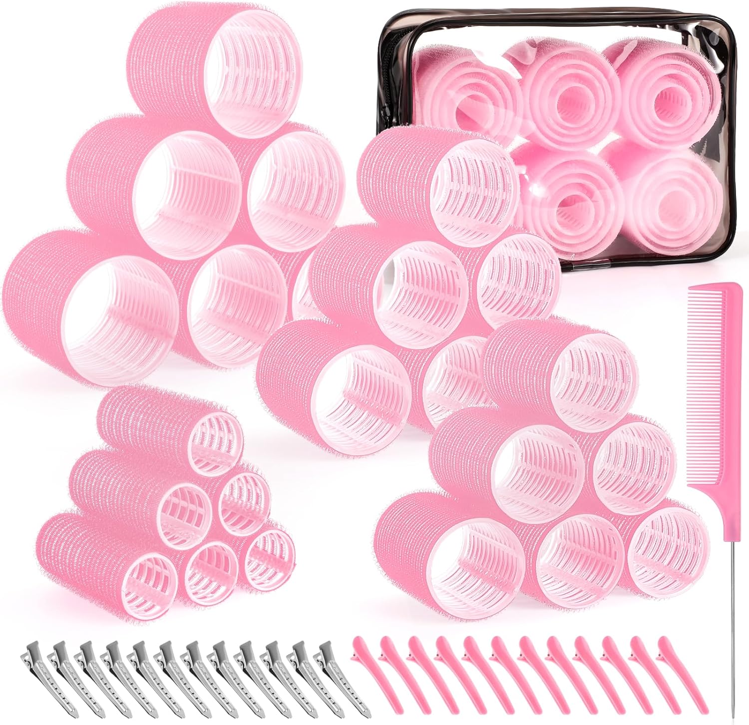 Obeoby self grip hair rollers set pink front view displaying fifty pieces with clips and styling comb.