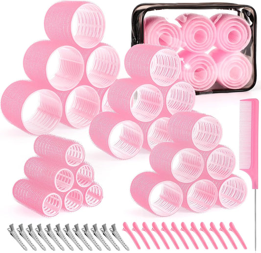 Obeoby self grip hair rollers set pink front view displaying fifty pieces with clips and styling comb.