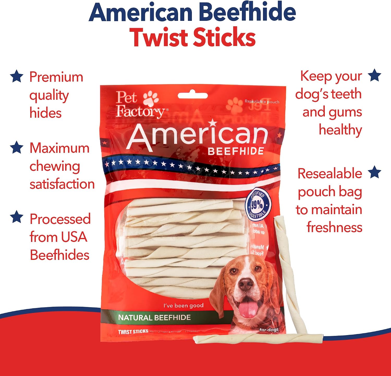 Small dog enjoying a Pet Factory American beefhide dental chew