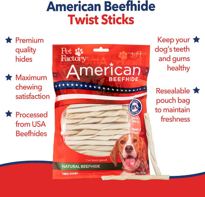 Small dog enjoying a Pet Factory American beefhide dental chew