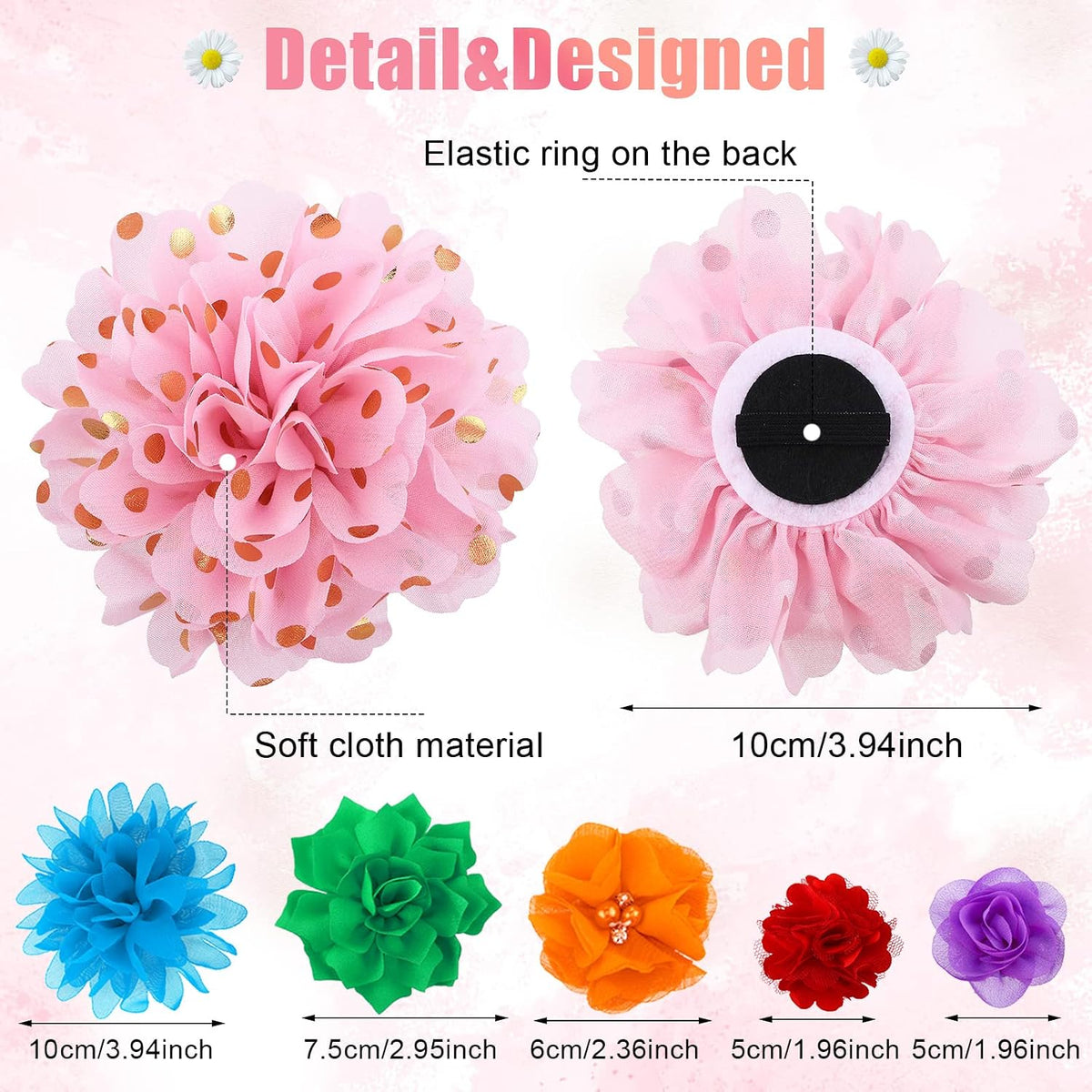 Multicolor chiffon pet flower charms displaying the flexible elastic slide-on back strap.