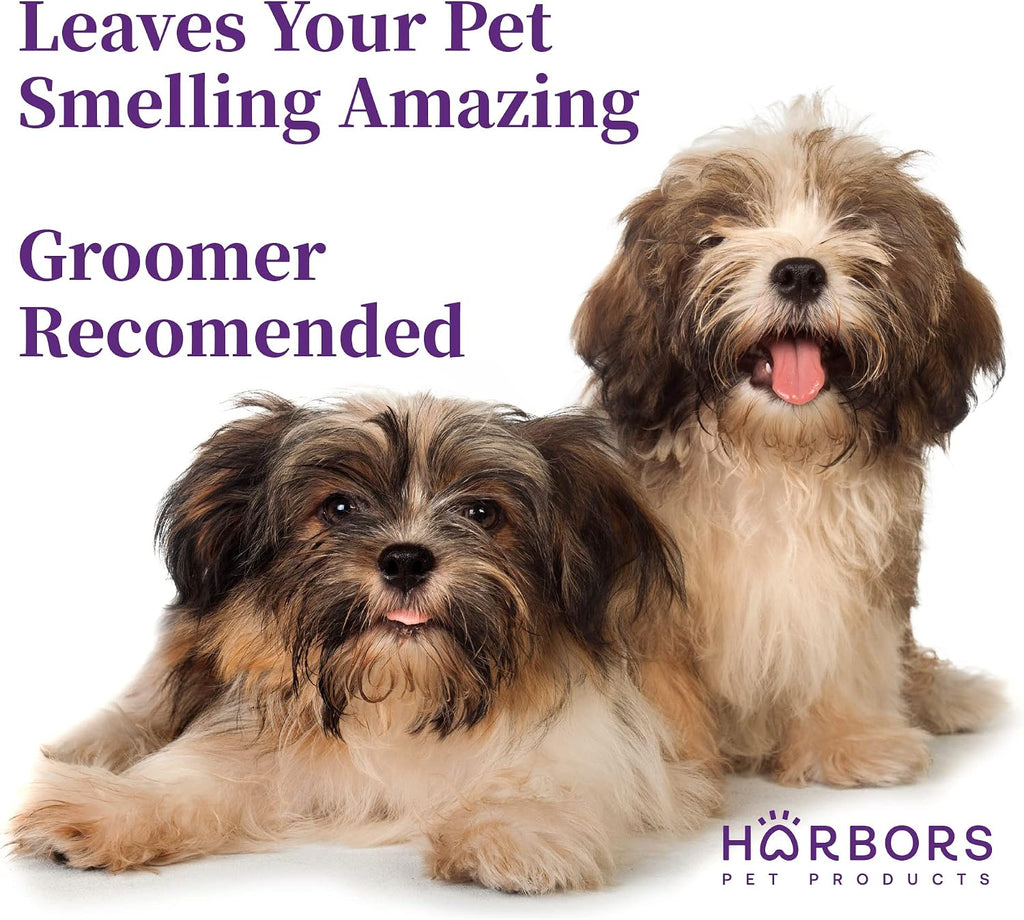 Harbor's Pet Products deodorizing spray bottle graphic showcasing application instructions.