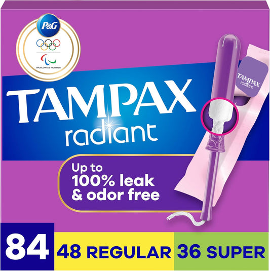 Tampax Radiant Tampons Multipack front view showing 84 count packaging.