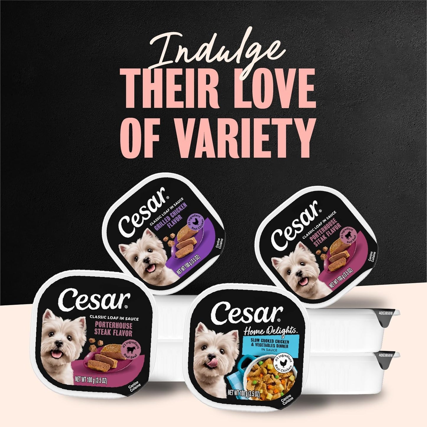 Nutritional facts and ingredients on Cesar canine cuisine packaging