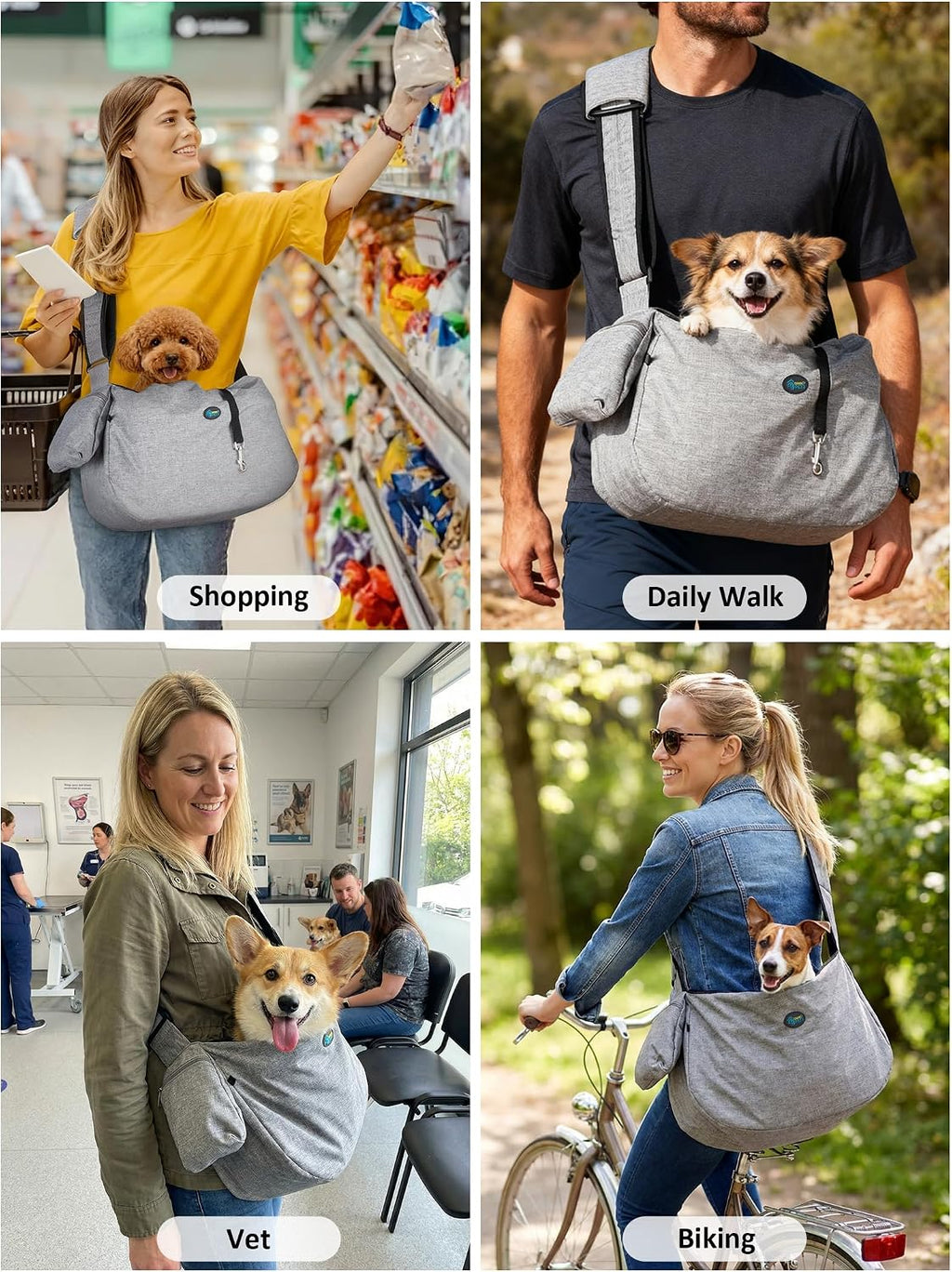 Person walking in park using Ownpets hands-free pet sling