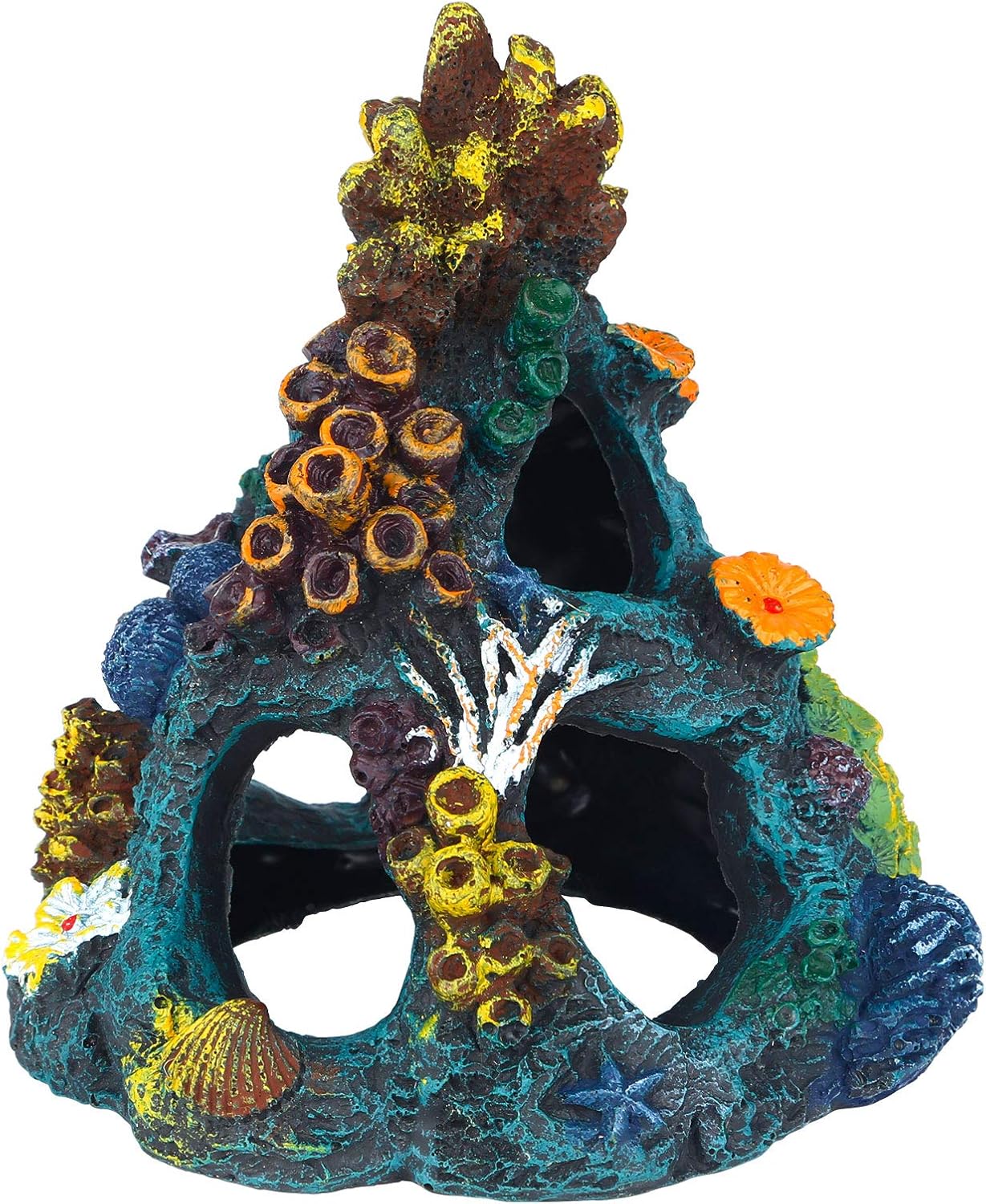 Uniclife aquarium decorations resin coral rock mountain cave front view for fish tank customization.