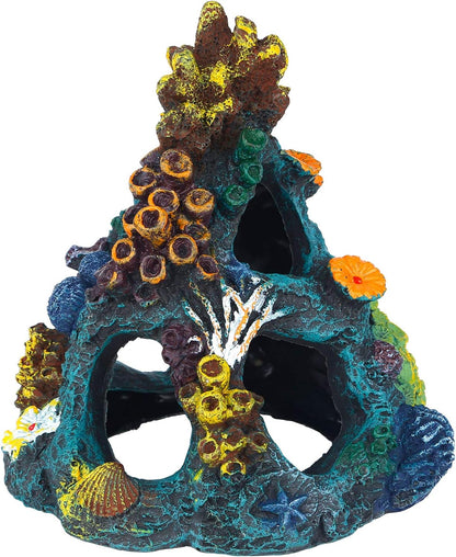 Uniclife aquarium decorations resin coral rock mountain cave front view for fish tank customization.