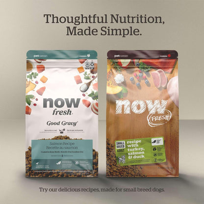 USA imported Now Fresh dog food bag highlighting weight management and digestive health features