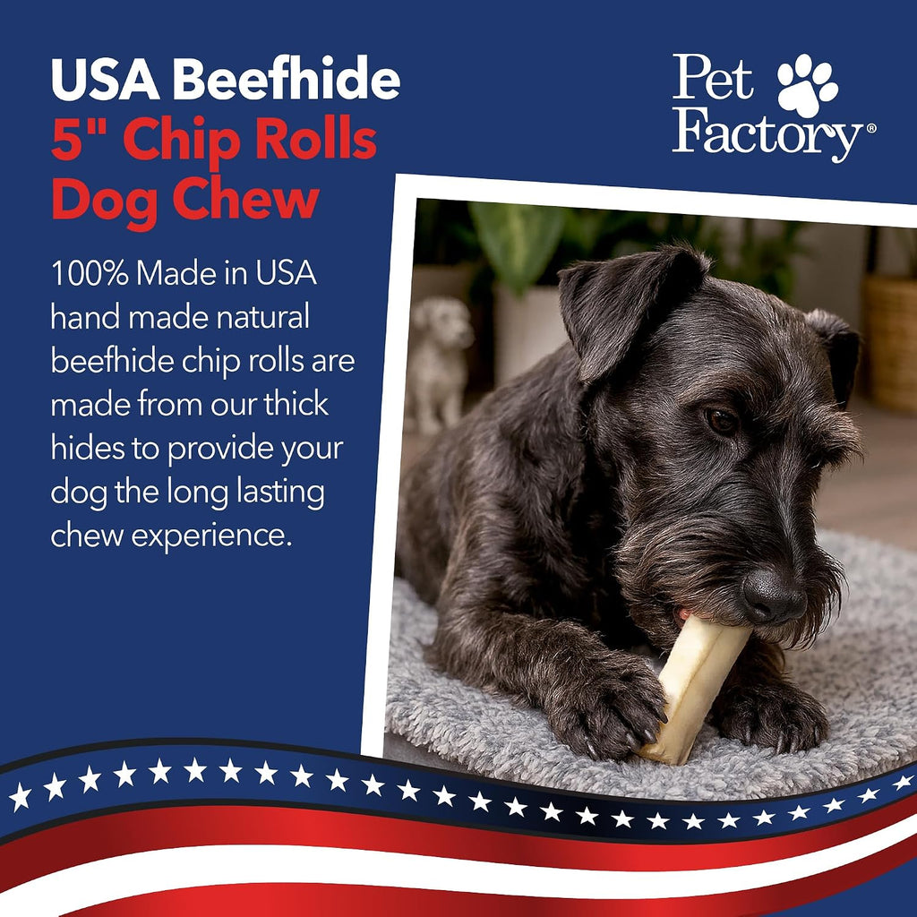 Pet Factory beefhide dog chews showing thick texture and 5-inch length