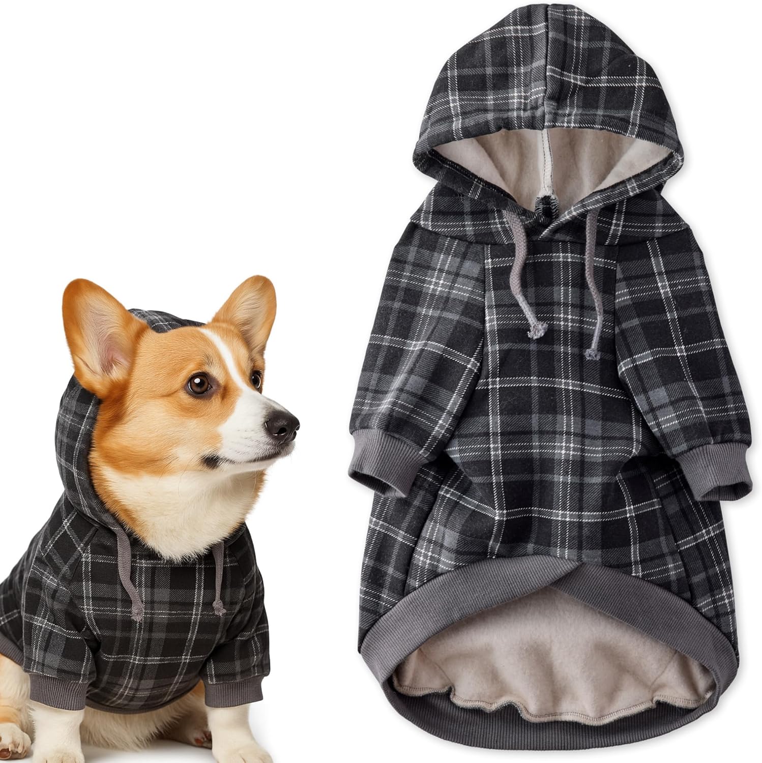 Pet Passion Rocky II dog hoodie in black sand plaid front view.