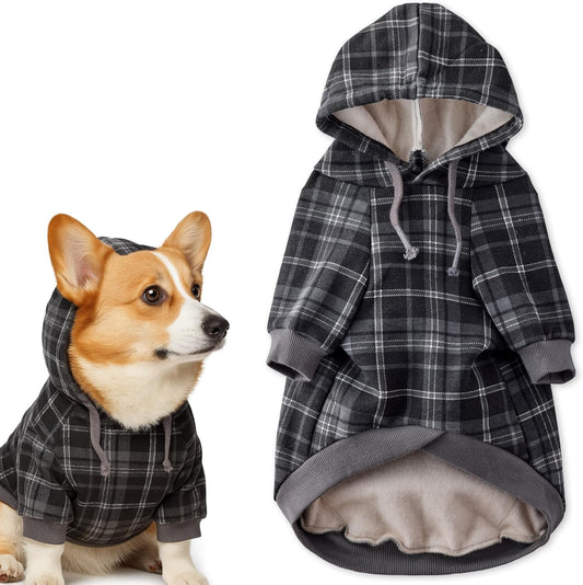 Pet Passion Rocky II dog hoodie in black sand plaid front view.