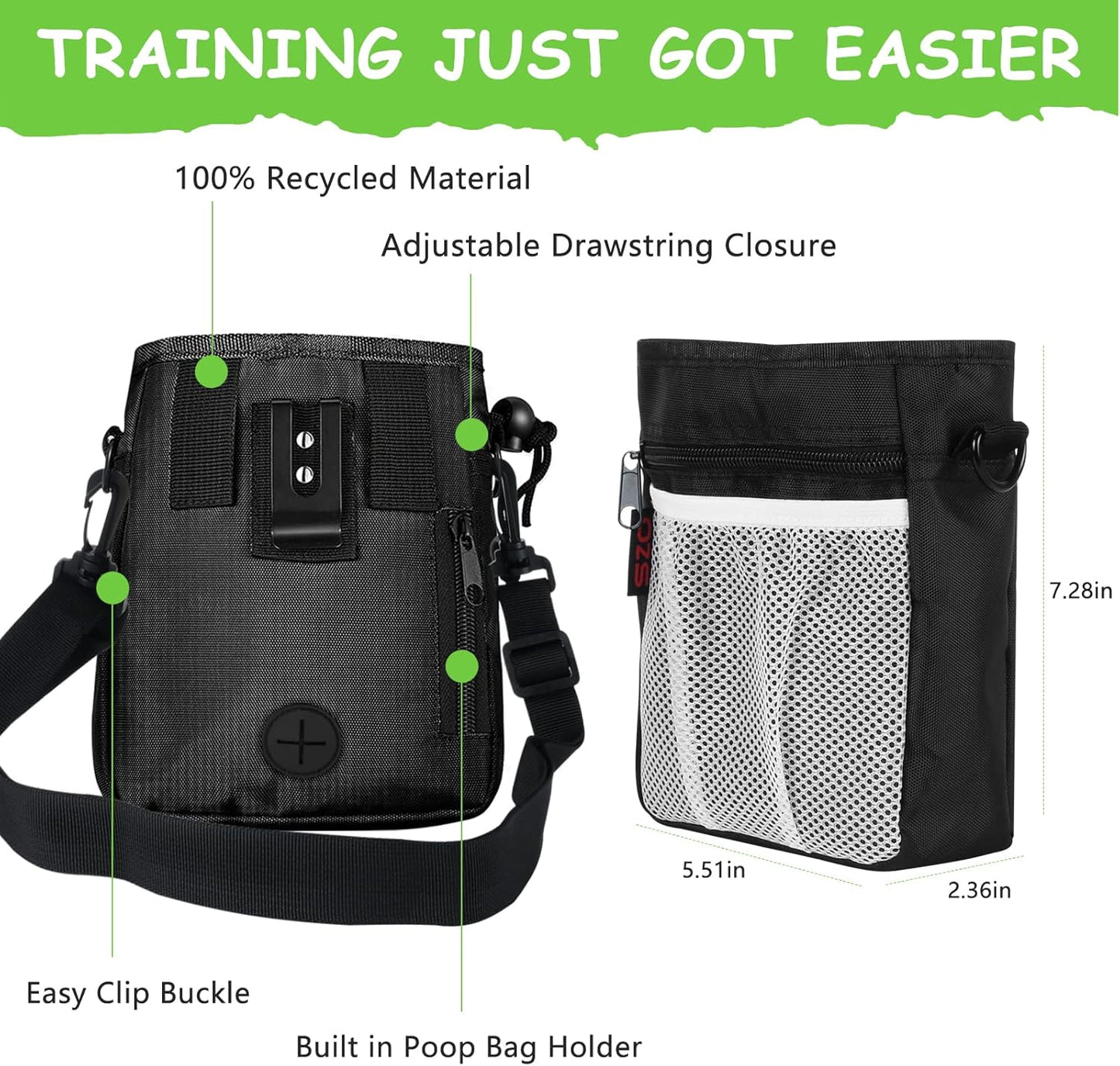 SZO hands free pet training bag being used outdoors at a park with a dog during clicker training.