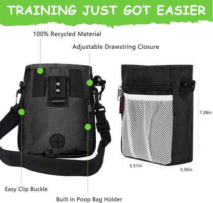 SZO hands free pet training bag being used outdoors at a park with a dog during clicker training.
