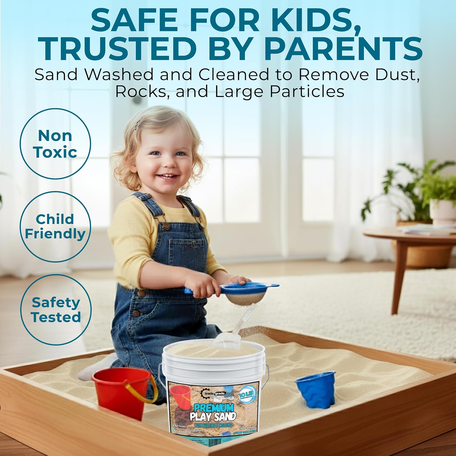 Side view of Trade Grade 10 lb play sand bucket