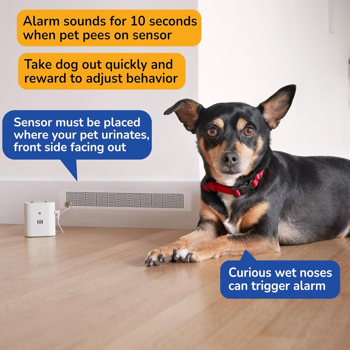 SprayAlert electronic pet deterrent device attached to a furniture leg for marking prevention