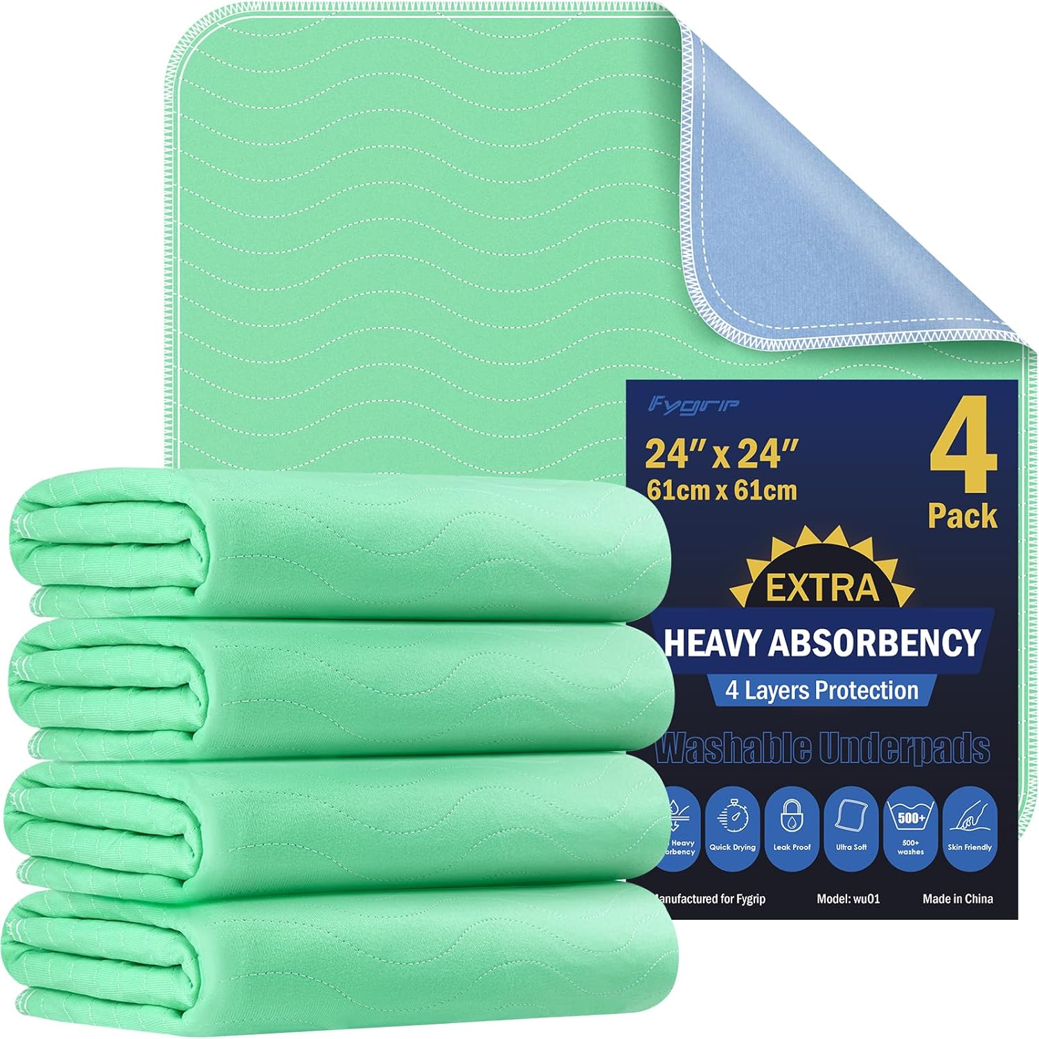 FYGRIP 4 Pack 36" x 36" Extra Heavy Absorbency Washable Underpads, Waterproof Quick Drying Nursing Incontinence Reusable Washable Bed Pee Pads for Dogs, Diaper Changing & Adults, Green - Image 9