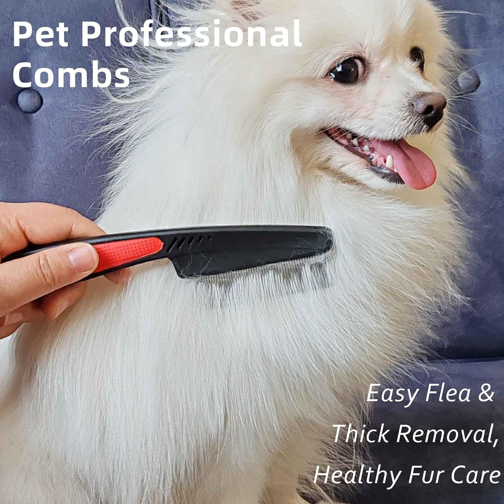 2 Pieces Fine Tooth and Wide Tooth Dog Grooming Comb - Rubber Handle Hair Comb for Small Dogs & Cats with Flea and Tick Removal (2PCS, Black Red) - Image 3