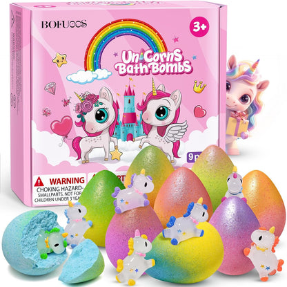 Bofuoos unicorn bath bombs nine pack box front view showing colorful packaging