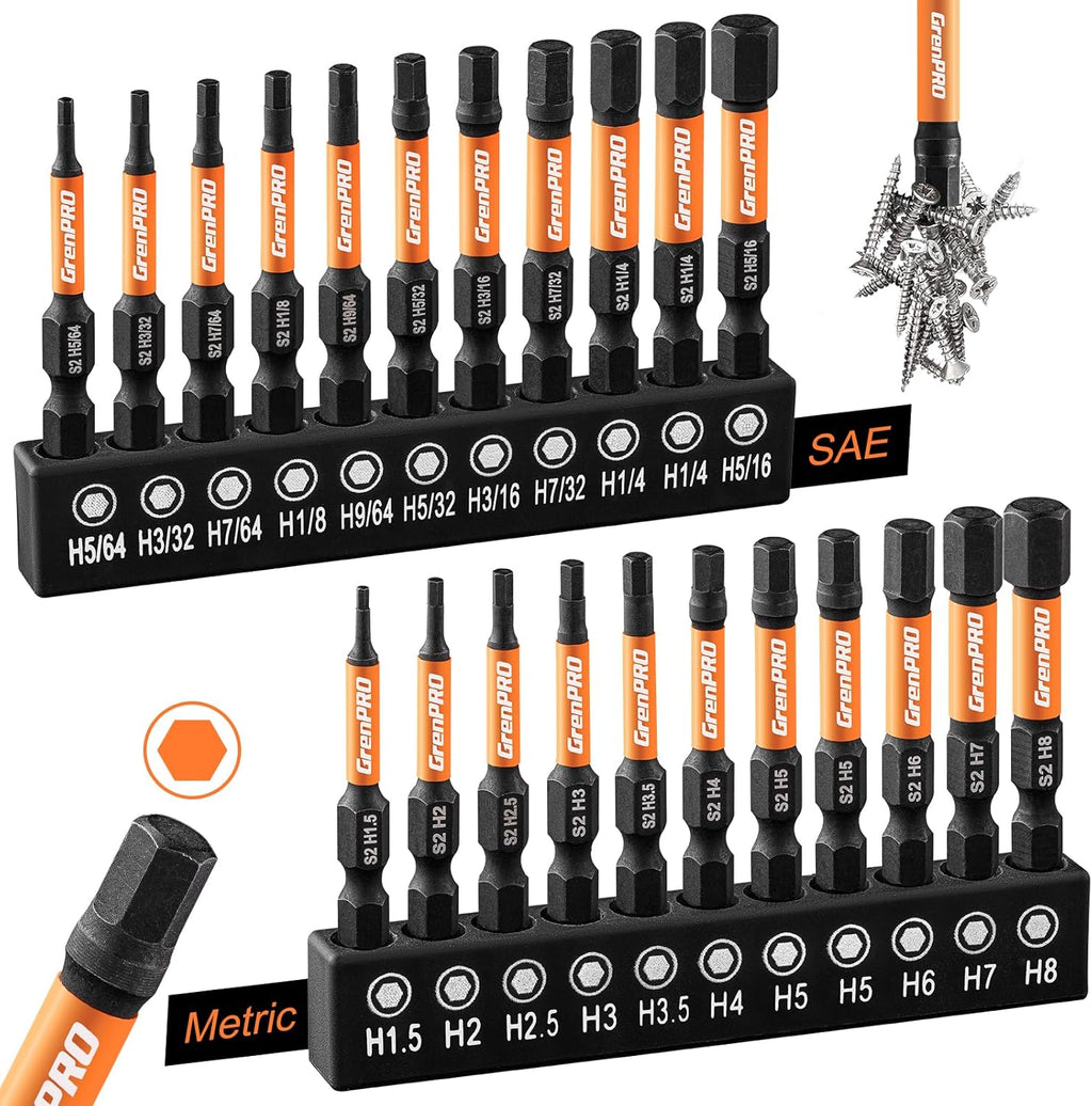 Complete package contents of the GRENPRO twenty two piece magnetic Allen key drill bits collection.