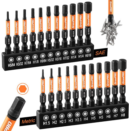 Complete package contents of the GRENPRO twenty two piece magnetic Allen key drill bits collection.
