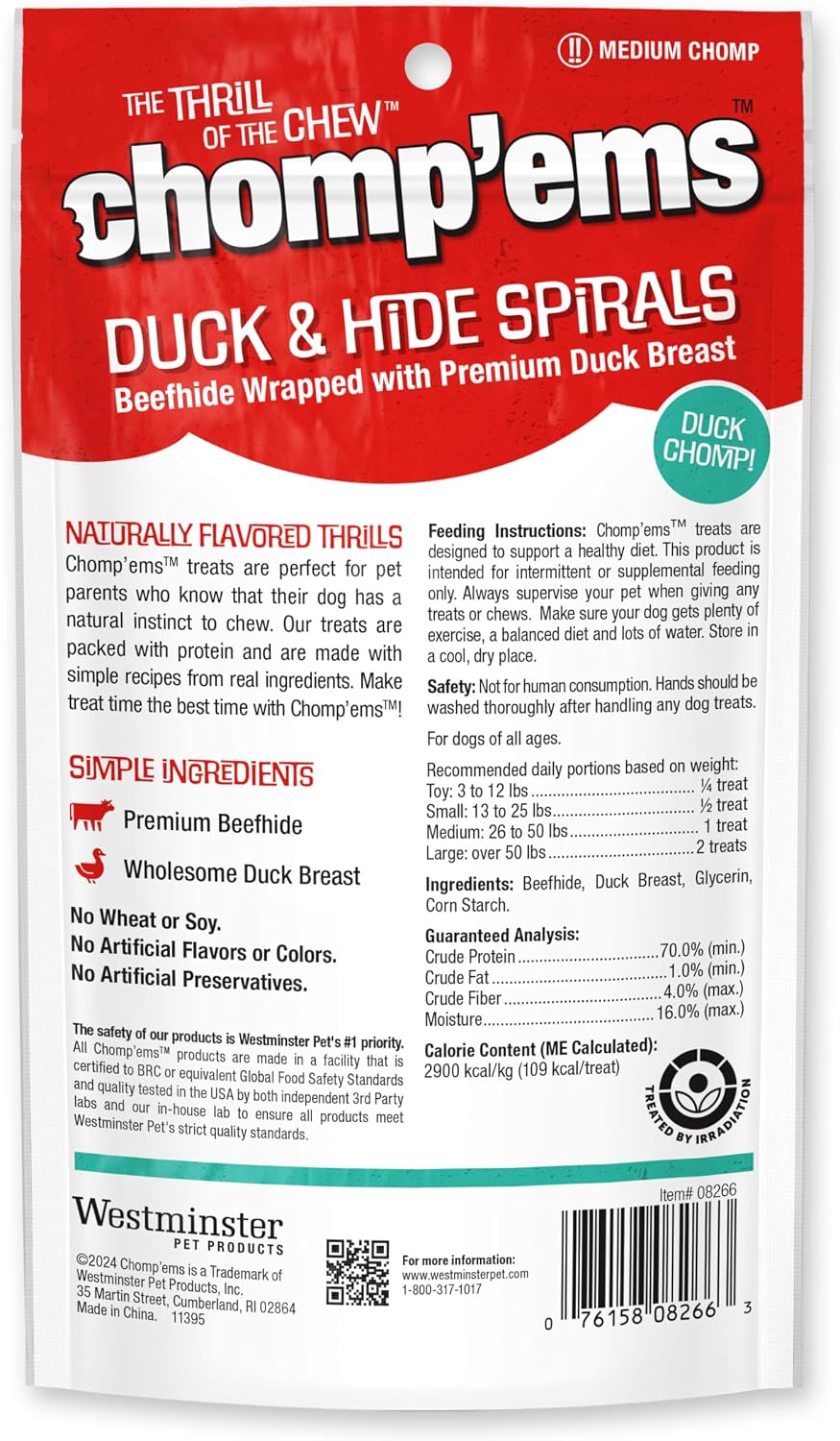 Two pack of Chomp'ems Ruffin It duck and hide dog chews for pet dental care.