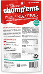 Two pack of Chomp'ems Ruffin It duck and hide dog chews for pet dental care.