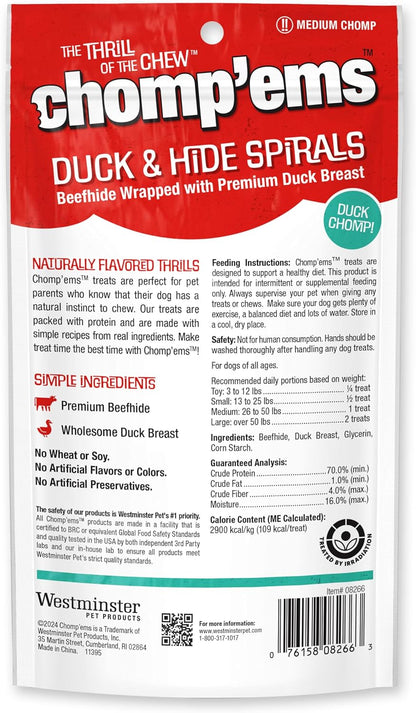 Two pack of Chomp'ems Ruffin It duck and hide dog chews for pet dental care.