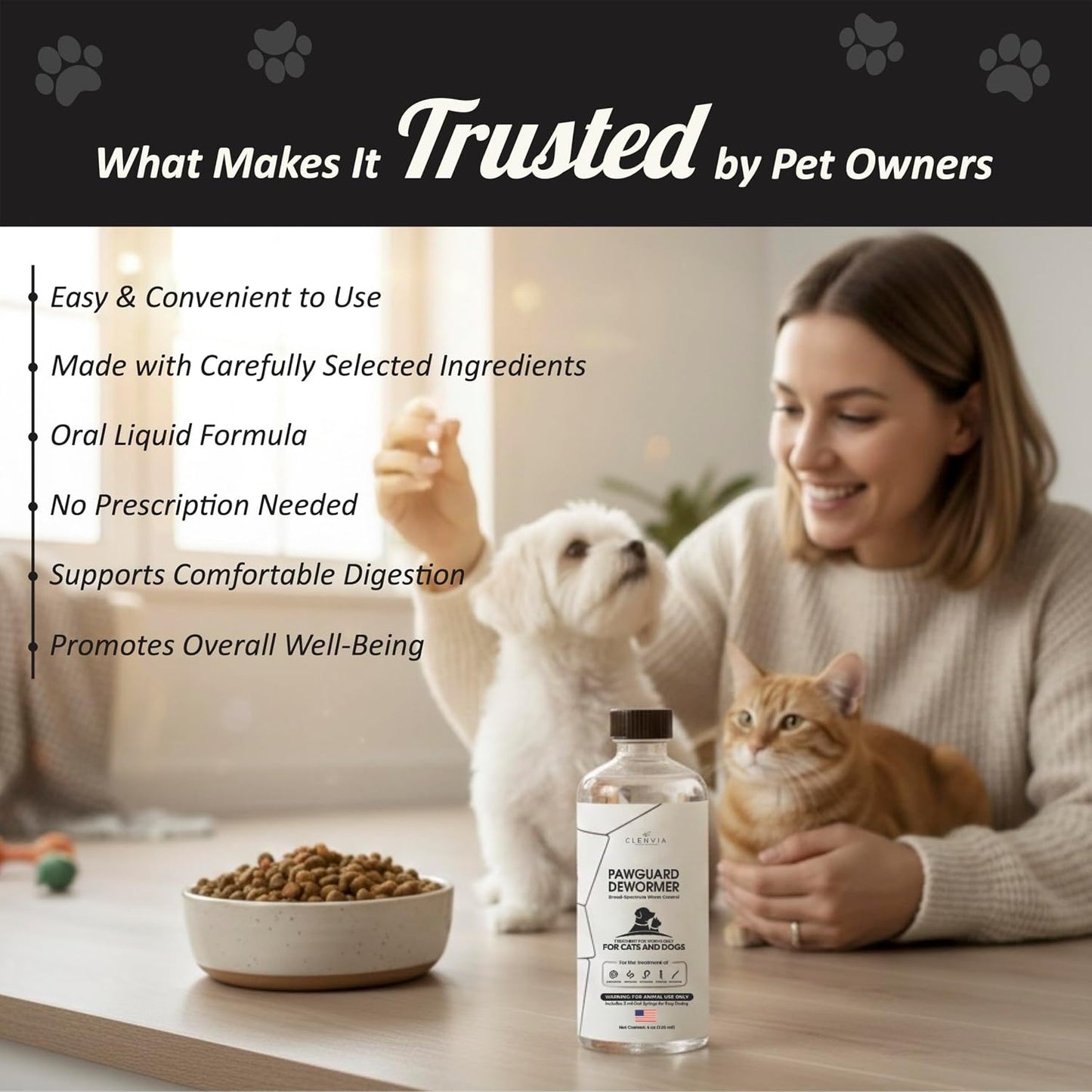 Advanced liquid worm treatment formula highlighting broad spectrum parasite protection labels.