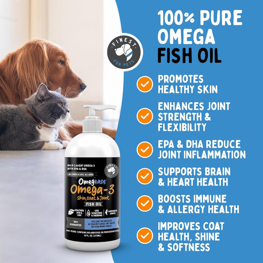 Finest For Pets Omega 3 pet liquid supplement pour mechanism showing unflavored pure fish oil clarity
