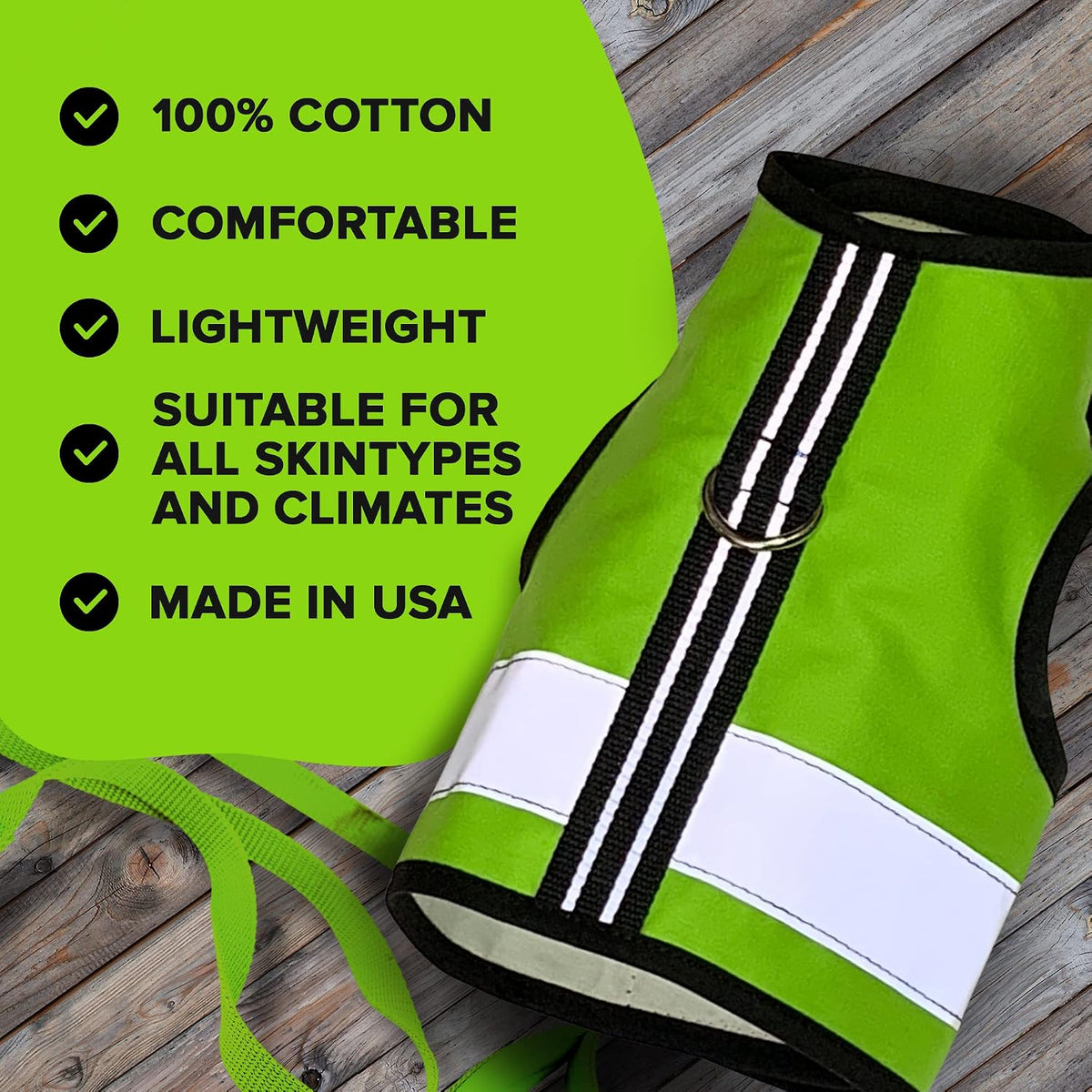 Lightweight adjustable feline travel harness back view showing reflective strips.