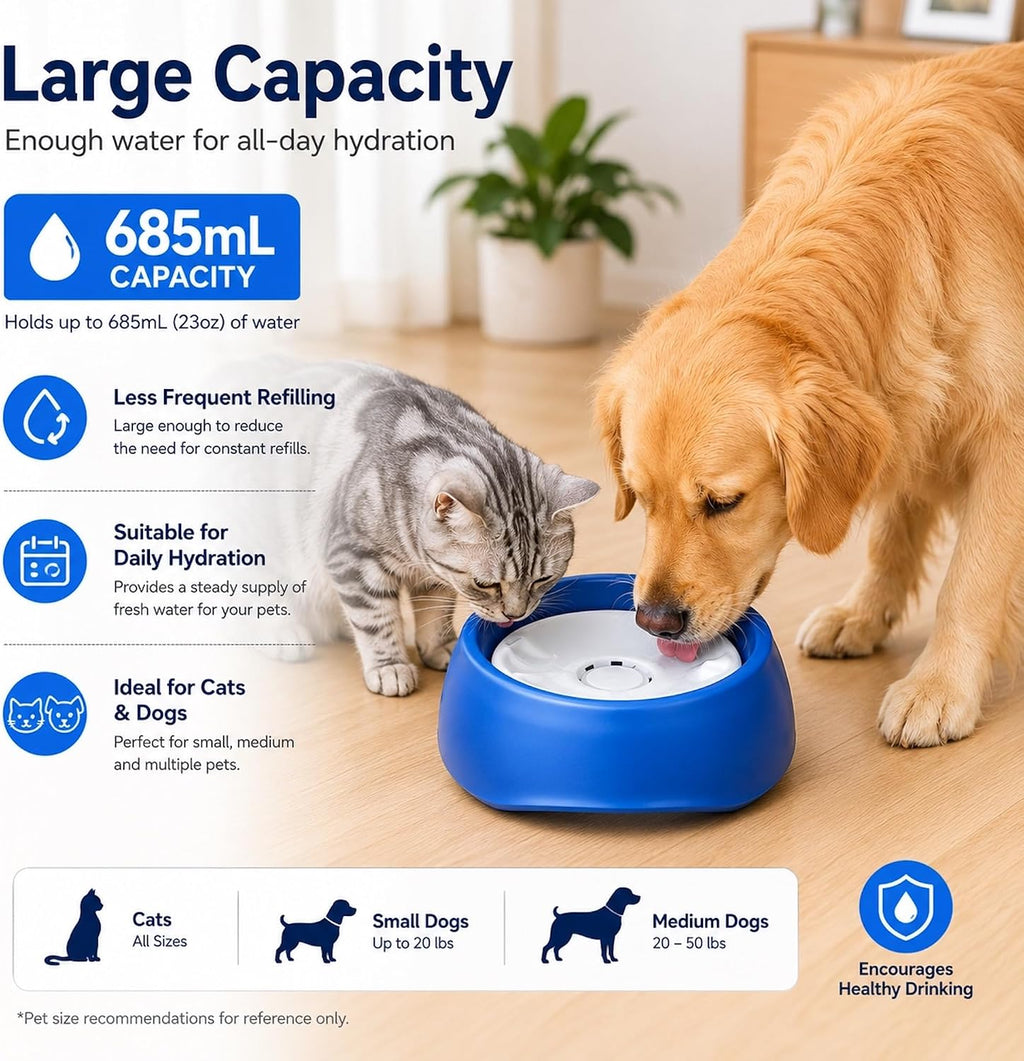 Side view of the large capacity anti spill pet feeder ideal for messy drinkers.