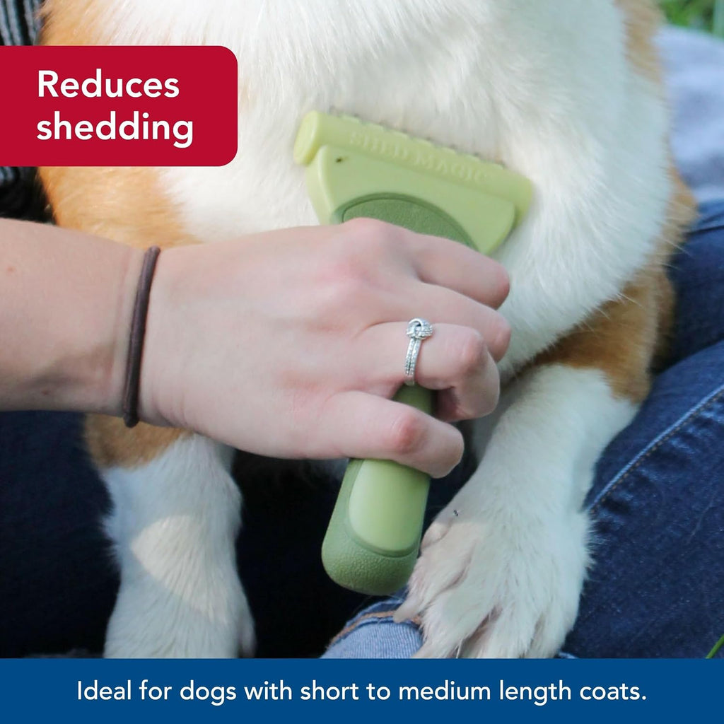 Safari Shed Magic tool packaging showing medium to long hair dog details
