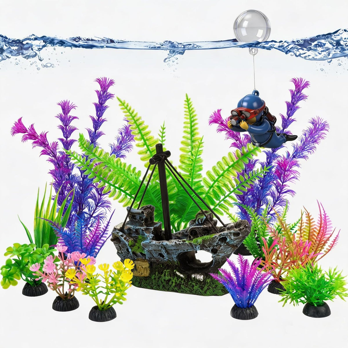 Ameliade fish tank decor set front view with shipwreck and colorful plants.