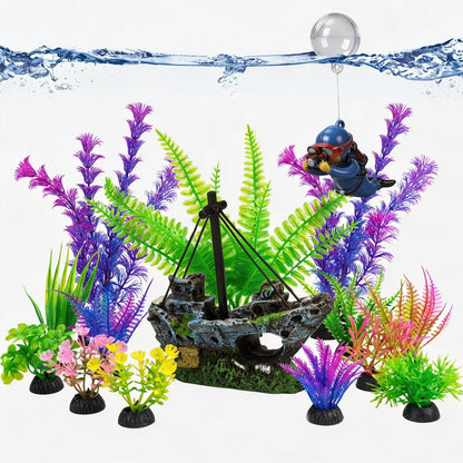 Ameliade fish tank decor set front view with shipwreck and colorful plants.