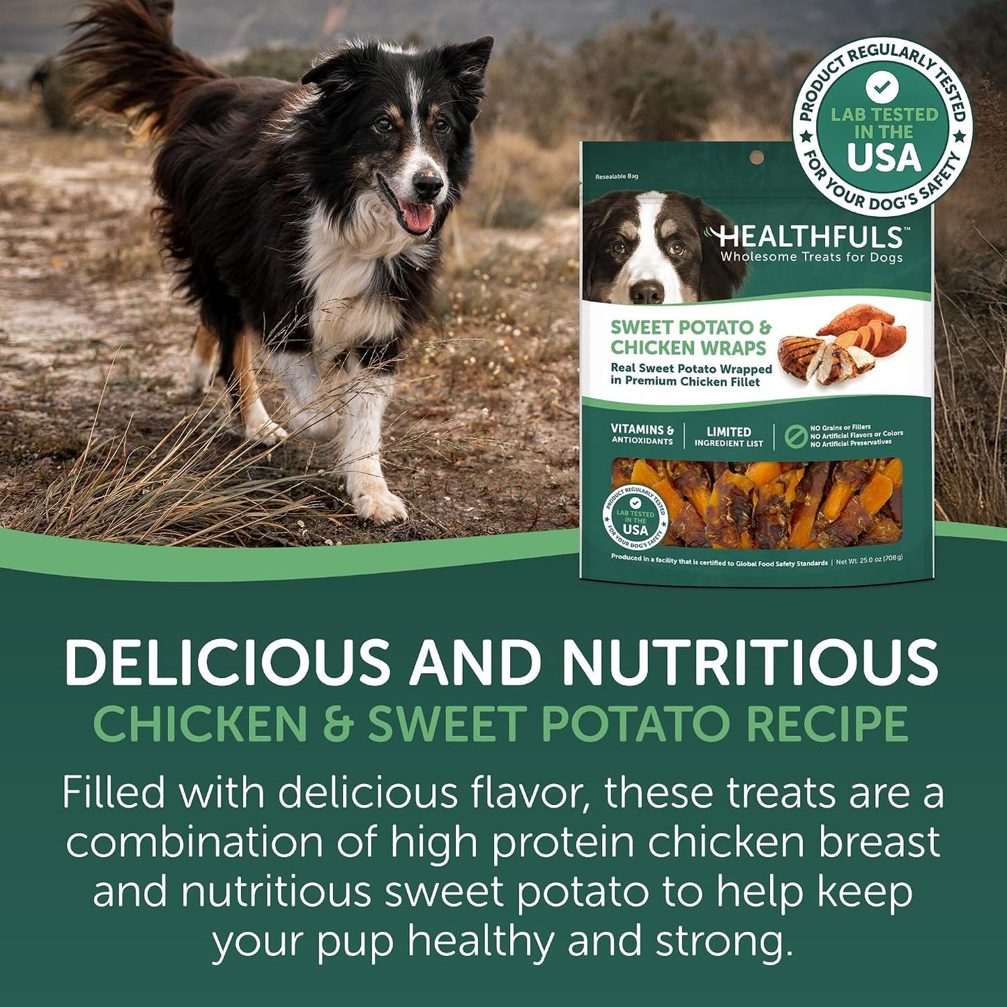 Back of Healthfuls chicken wrapped sweet potato dog treat bag with ingredients
