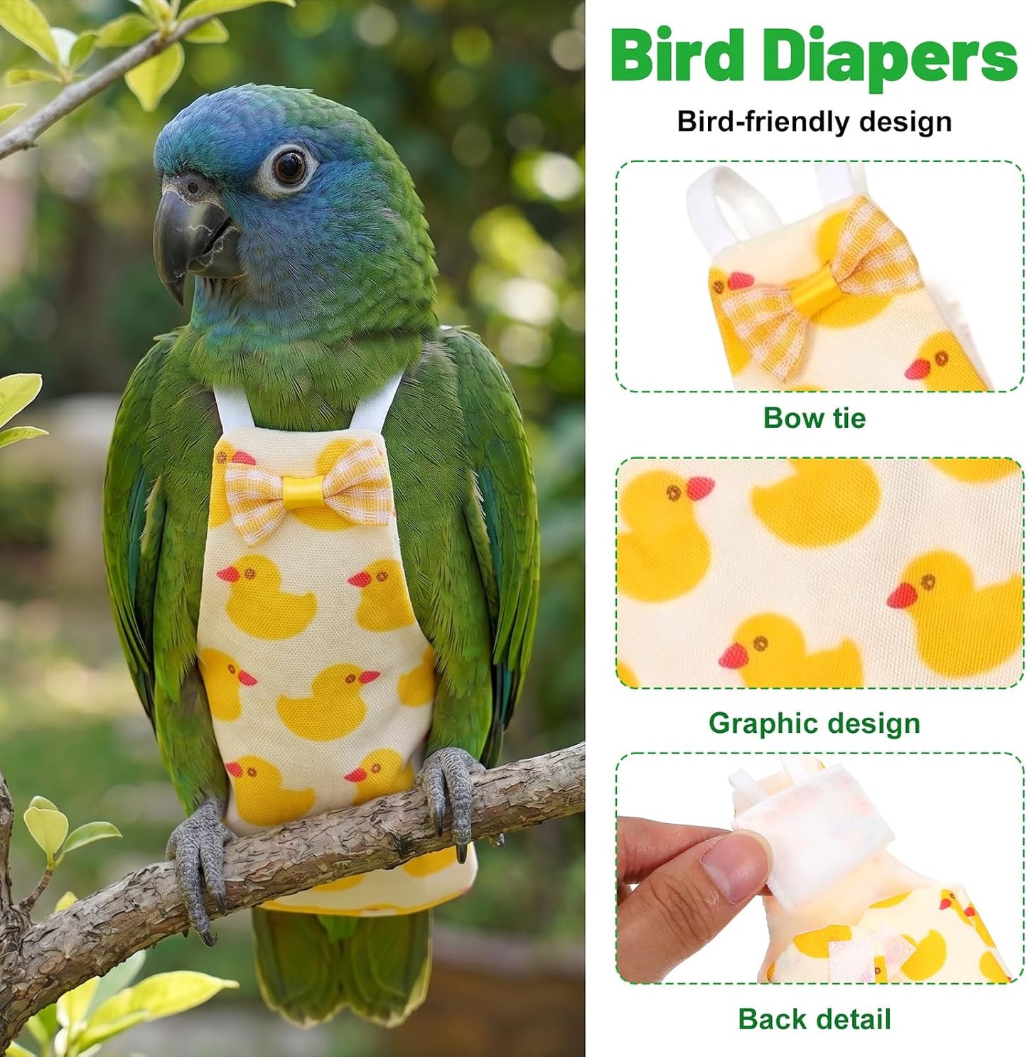 Six pieces set of colorful fruit style bird diapers laid out flat.