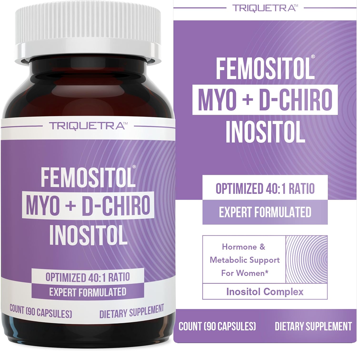 Triquetra Health Femositol Inositol Complex 90 Capsules front label showing the clinically validated forty to one ratio for hormonal balance.