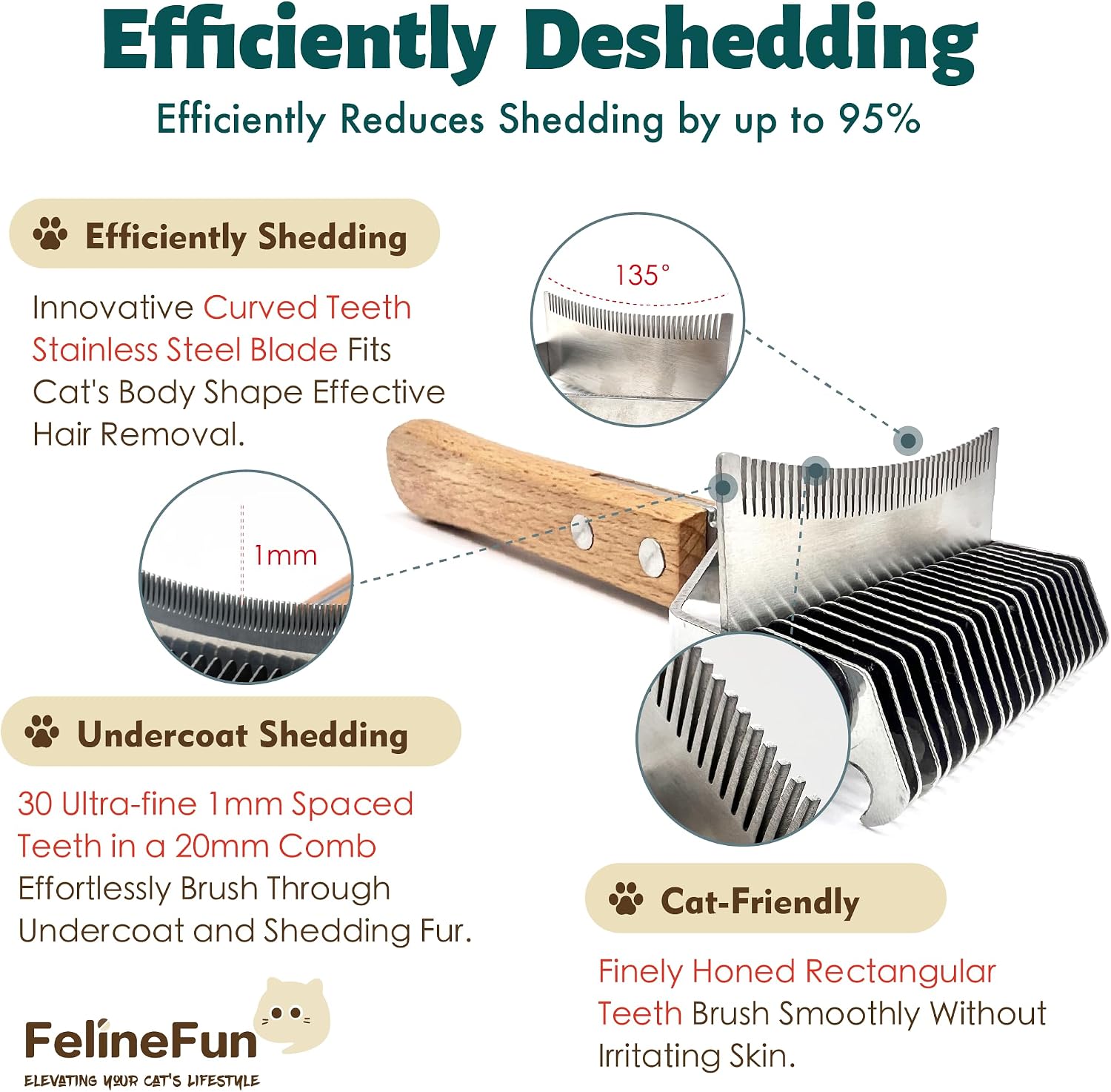 FelineFun cat brush curved blades sliding safely through thick animal undercoat