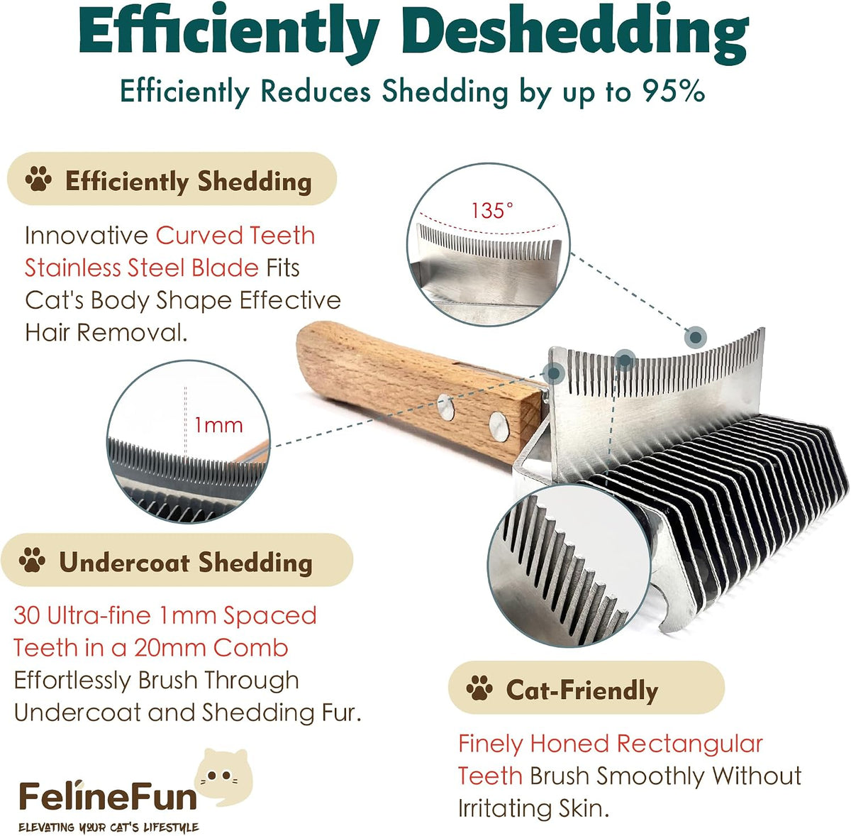 FelineFun cat brush curved blades sliding safely through thick animal undercoat